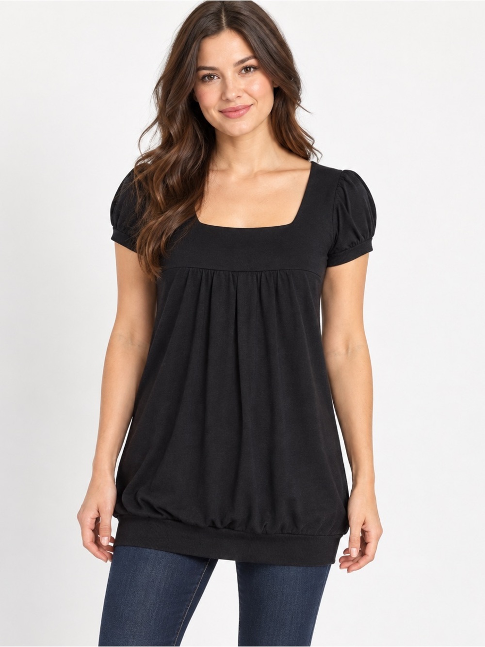 Vintage black square neck puff sleeve pleated bubble hem babydoll top